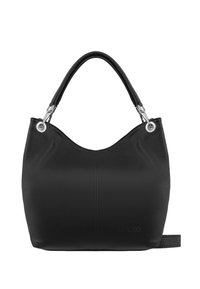 Black leather hobo bag with a textured finish, featuring a curved top, silver hardware, and a flat strap on one side.