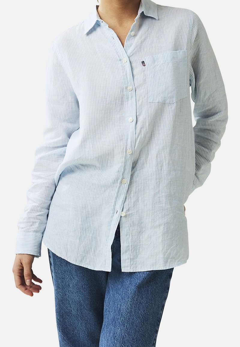 Personne portant une chemise à rayures bleu clair à boutons avec une poche poitrine, associée à un jean bleu, debout, une main dans la poche.