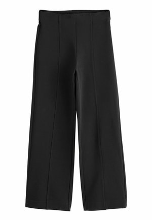 Pantalon noir à jambes larges, taille haute et détails de couture avant, présenté à plat sur fond blanc.