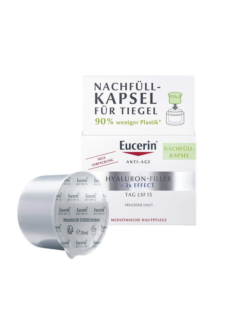 Eucerin Hyaluron-Filler Nachfüllkapsel, silberner Behälter mit klarer Beschriftung, Verpackungsbox mit grünen Akzenten, zeigt reduzierte Kunststoffnutzung an.