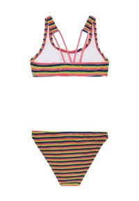Trokutasti bikini set s prugama s višebojnim gornjim dijelom i donjim dijelom, izrađen od mekanog materijala s ružičastim i plavim akcentima. Gornji dio ima ukrštene naramenice.