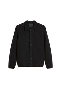 Black ribbed cardigan with a collared neckline, button front, long sleeves, and a textured fabric, designed for a fitted silhouette.