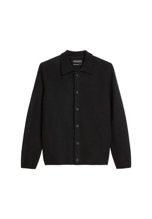 Black ribbed cardigan with a collared neckline, button front, long sleeves, and a textured fabric, designed for a fitted silhouette.