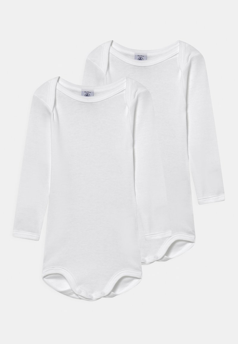 Két hosszúujjú, puha pamutból készült fehér body. Kerek nyakkivágással és alsó patentokkal a könnyű öltözködés érdekében.