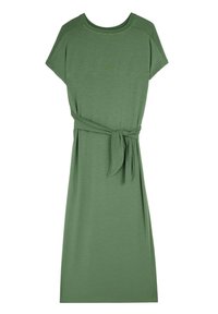 Robe verte longueur genou avec manches courtes, décolleté rond, ceinture à nouer à la taille et logo brodé subtil sur la poitrine.