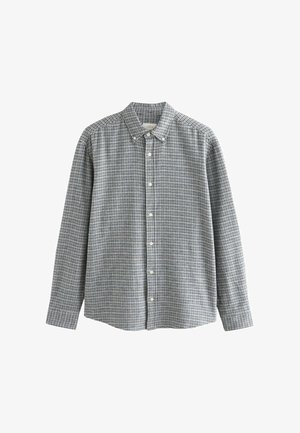 Karierte Hemdbluse mit einem hellgrünen und weißen Muster. Lange Ärmel, Kragen und weiße Knöpfe. Hergestellt aus einem leichten Material.