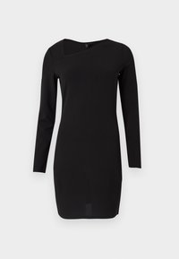 Čierne šaty s dlhým rukávom a asymetrickým výstrihom s priliehavým strihom. Vyrobené z hladkej látky, padajú tesne nad kolená.