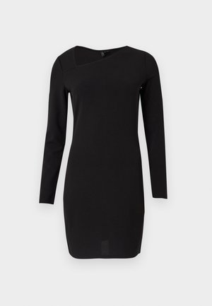 Schwarzes Langarmkleid mit asymmetrischem Ausschnitt und figurbetonter Passform. Hergestellt aus einem glatten Stoff, fällt es knapp über die Knie.