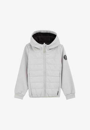 Svetlo siva kapuca jakna s kviltanim dizajnom, prednjim patentnim zatvaračem in črnim notranjim podlogo. Ima logotip na levi rokavu.