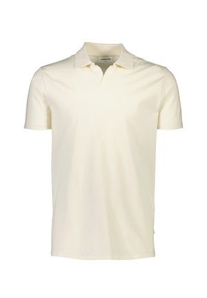 Polohemd aus cremefarbener Baumwolle mit klassischem Kragen, kurzen Ärmeln und geradem Saum. Glatte Textur mit minimalen Designelementen.