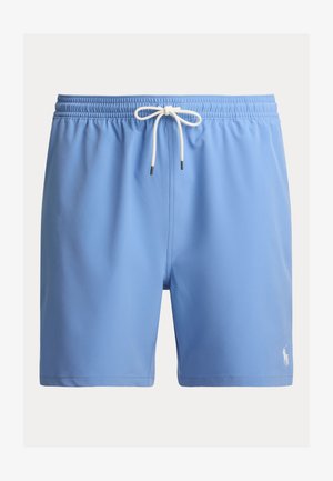 Calções de banho azul-claro feitos de tecido suave. Apresentam uma cintura elástica com cordão, corte ajustado e um pequeno detalhe de logotipo.