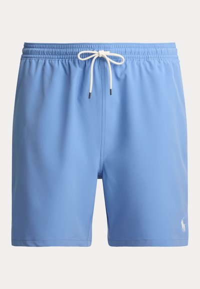 Light blue swim shorts made of smooth fabric. Features an elastic waistband with a drawstring, tailored fit, and small logo detail.