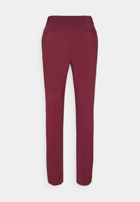 Burgundy tailored trousers with a smooth texture, straight legs, and two back pockets. Features a belt looped waistband.