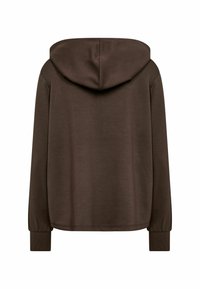 Brauner Kapuzenpullover, weicher Stoff, lange Ärmel, elastische Bündchen, lässiges Design, klare Linien, schlichte Rückseite mit mittellangem Saum.