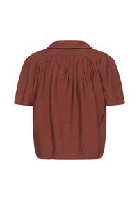 Blouse marron à manches courtes avec un détail de tissu froncé au dos et un large col.