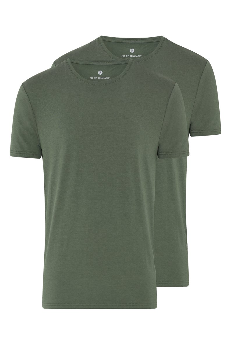 To korte ærmelige T-shirts i olivengrøn, lavet af blødt stof. Har en rund halsudskæring og en standard pasform, uden synlige mønstre eller accenter.