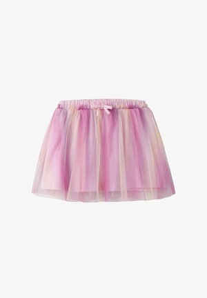 Różowo-fioletowa spódnica z warstw tiulu, z elastycznym pasem i małą kokardką na środku z przodu.