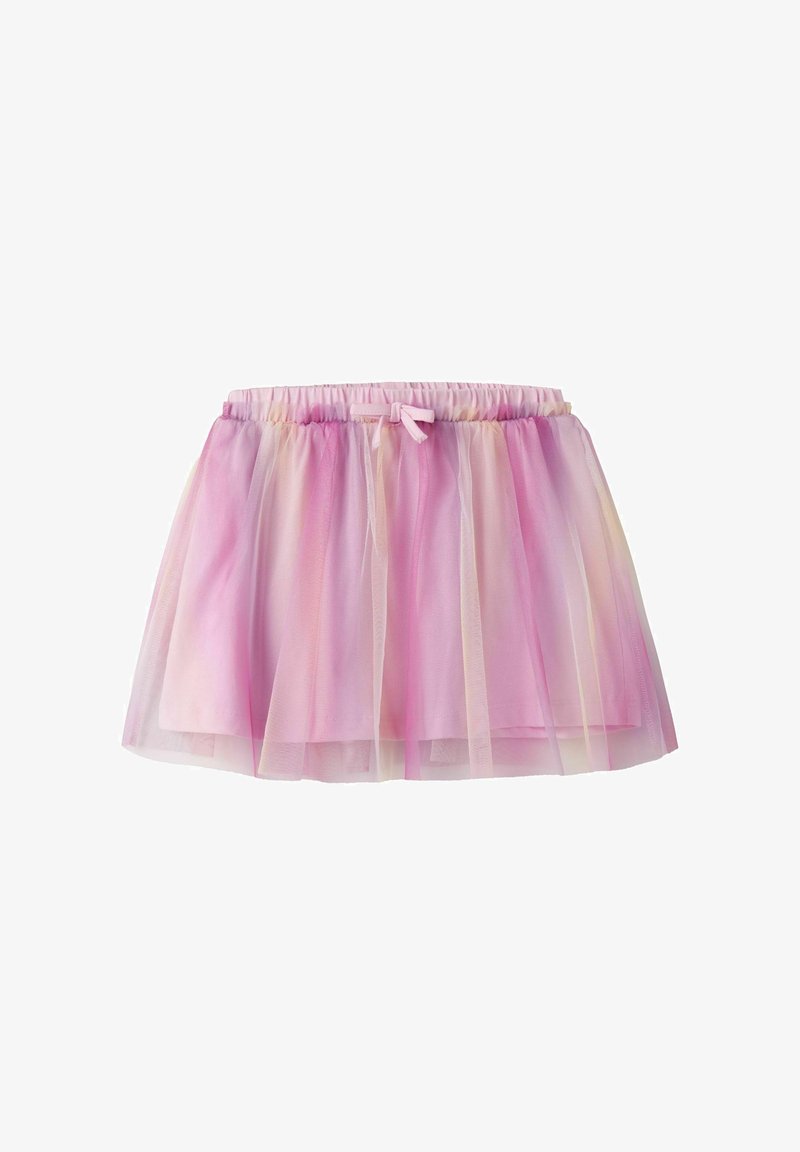 Różowo-fioletowa spódnica z warstw tiulu, z elastycznym pasem i małą kokardką na środku z przodu.