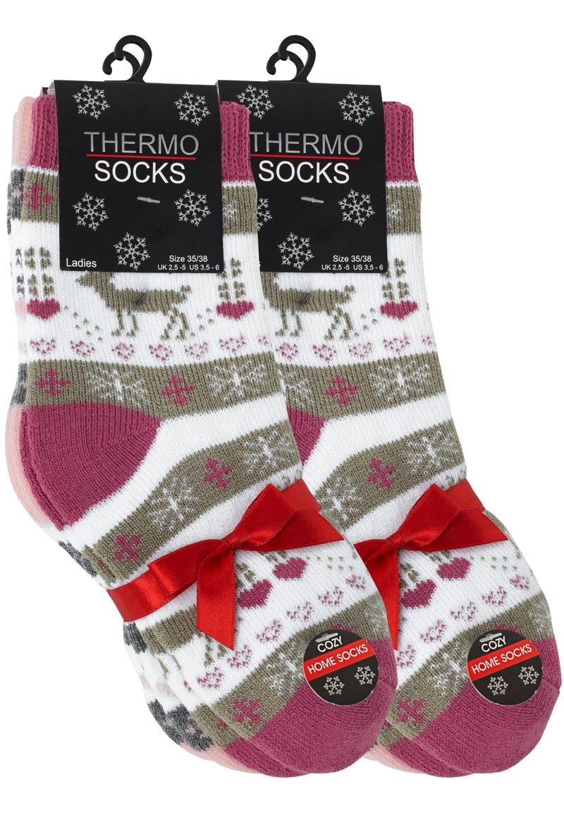 Calze termiche in vari colori, con un motivo a fiocchi di neve, immagini di renne e un nastro rosso. Progettate per offrire calore con una texture morbida.