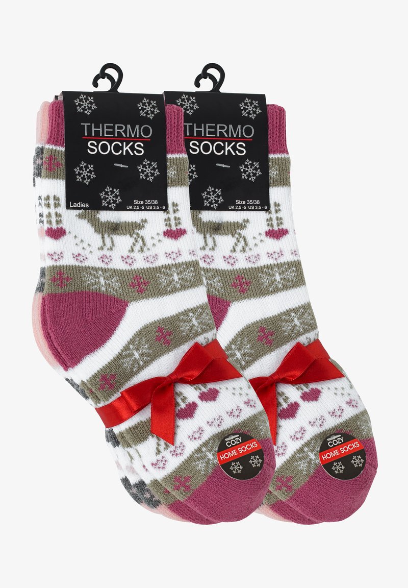 Calze termiche in vari colori, con un motivo a fiocchi di neve, immagini di renne e un nastro rosso. Progettate per offrire calore con una texture morbida.