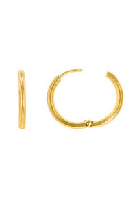 Orecchini a cerchio in oro con un design liscio e arrotondato. Presentano una chiusura a cerniera e una finitura lucida. Misure non specificate.
