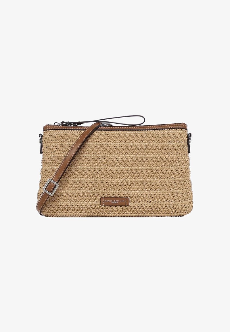 Bolso de mano beige tejido con exterior texturizado de paja, detalles en cuero marrón y correa desmontable. Cuenta con cierre de cremallera y detalle de logotipo.