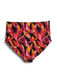 High-waisted swim bottom in black fabric featuring a vibrant floral pattern with shades of pink, red, and yellow. Smooth texture and elastic waistband.