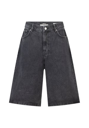Zwart denim shorts met hoge taille, voorste knoopsluiting, riemlussen, twee voorzakken en een klein muntzakje.