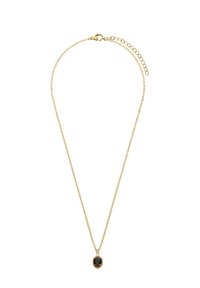 Collier en chaîne dorée avec un pendentif en pierre noire ovale, orné d'une bordure texturée, longueur ajustable avec un fermoir à homard.