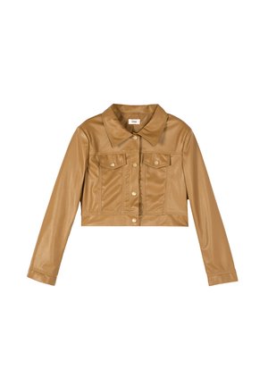 Jachetă scurtă din piele ecologică bej, cu mâneci lungi, guler ascuțit, închidere frontală cu nasturi și două buzunare la piept cu clapete și nasturi.