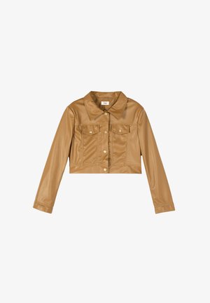 Jachetă scurtă din piele ecologică bej, cu mâneci lungi, guler ascuțit, închidere frontală cu nasturi și două buzunare la piept cu clapete și nasturi.