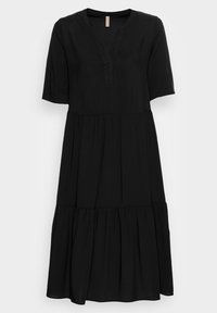 Robe midi noire à manches courtes, décolleté en V, et jupe à volants avec coutures froncées.