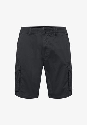 Black cargo shorts made of lightweight fabric. Features side pockets, a button closure, and a relaxed fit with a straight leg design.