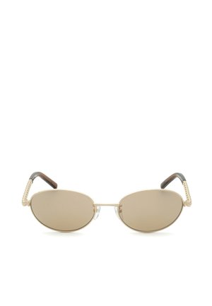 Lunettes de soleil ovales avec monture en or et verres teintés marron, avec des branches dorées texturées et des embouts brun foncé.