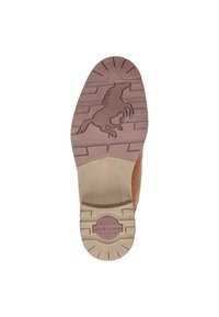 Bruine, gestructureerde zool met een verhoogd paardenontwerp en een logo op de hiel. Bevat horizontale en verticale groeven voor grip.