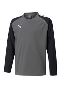 Langärmliges Sportshirt in Grau mit schwarzen Ärmeln, runder Ausschnitt und kleinem weißen Logo auf der Brust. Aus leichtem Material gefertigt.