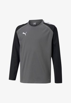 Maglietta sportiva a maniche lunghe grigia con maniche nere, dotata di colletto rotondo e un piccolo logo bianco sul petto. Realizzata in materiale leggero.