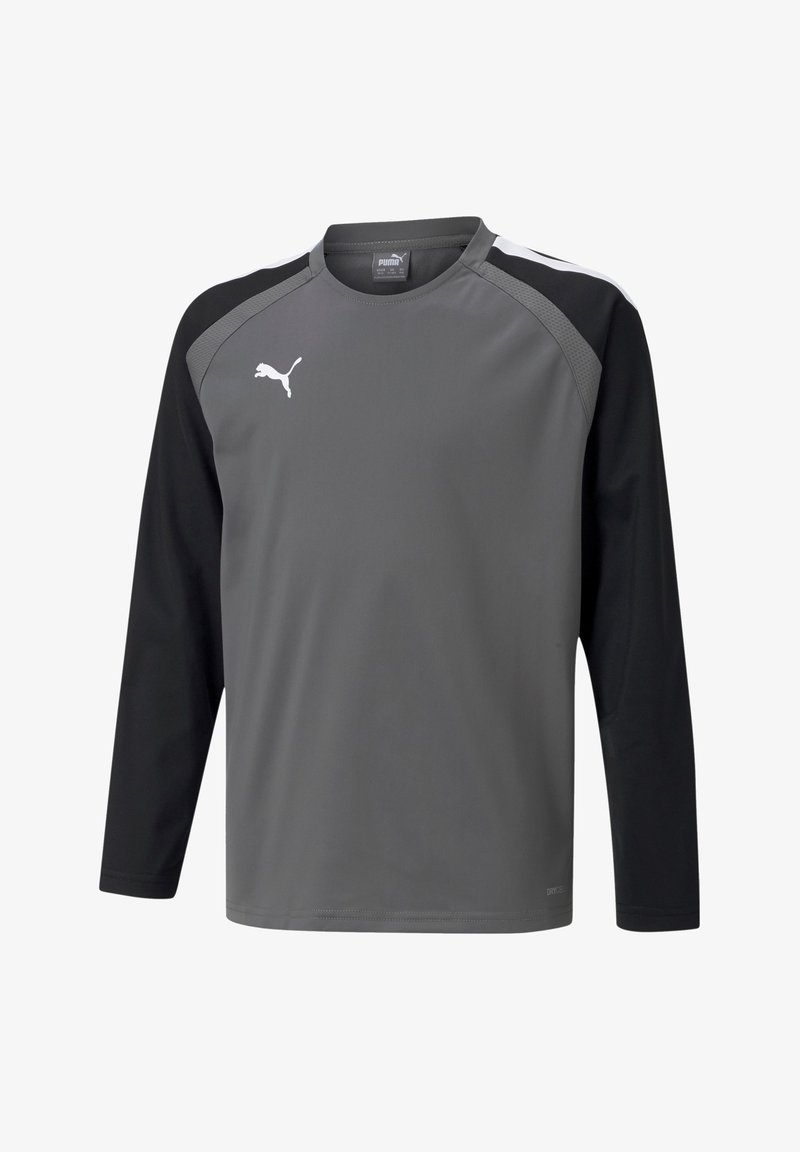 Langärmliges Sportshirt in Grau mit schwarzen Ärmeln, runder Ausschnitt und kleinem weißen Logo auf der Brust. Aus leichtem Material gefertigt.