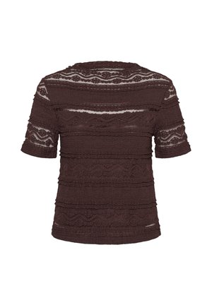 Haut en dentelle marron présentant un design texturé avec des rayures horizontales, des manches courtes et un col rond.