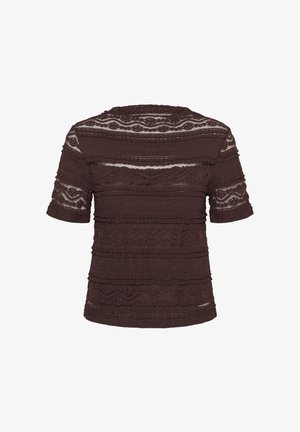 Brun blonder top med tekstureret design med vandrette striber, korte ærmer og rund halsudskæring.