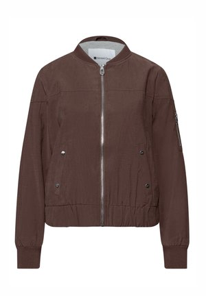 Blouson aviateur marron avec une fermeture éclair à l'avant, des poches latérales, des poignets côtelés et un col rond. Confectionné dans un tissu léger à la texture lisse.