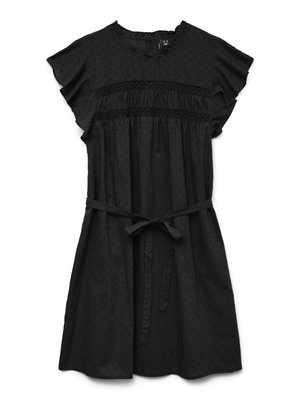 Black knee-length dress with flutter sleeves, textured dot pattern, lace trim across the chest, and a tied waist belt.