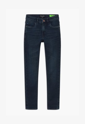 Donkerblauwe denim jeans met een slim fit, voorzien van een knoopsluiting, vijf zakken en subtiele vervaging op de dijen.