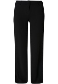 Pantalones rectos negros con una textura suave, con trabillas para cinturón y un diseño clásico. Diseñados para un ajuste entallado sin bolsillos visibles.