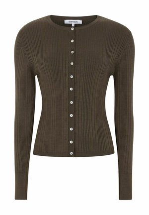 Tumeolivroheline soonikkoes kardigan, pikkade varrukatega, ümar kaelus ja ees rida väikseid valgeid nuppe.