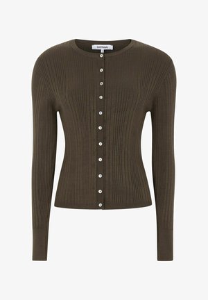 Tumeolivroheline soonikkoes kardigan, pikkade varrukatega, ümar kaelus ja ees rida väikseid valgeid nuppe.