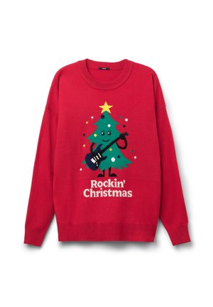 Maglione rosso con grafica di un albero di Natale verde con una chitarra, stella gialla e testo "Rockin' Christmas" in bianco. Materiale morbido, vestibilità comoda.