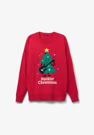 Maglione rosso con grafica di un albero di Natale verde con una chitarra, stella gialla e testo "Rockin' Christmas" in bianco. Materiale morbido, vestibilità comoda.