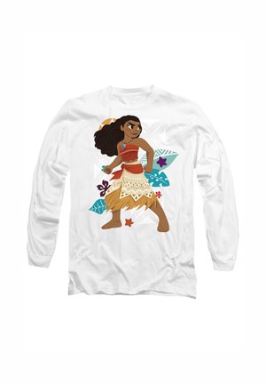 Long-sleeve white T-shirt featuring a graphic of a character with dark hair, wearing a red top, tan skirt, and blue accents, surrounded by tropical leaves.