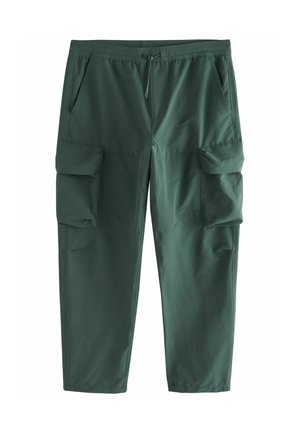 Pantalones cargo verdes con cintura elástica, que presentan múltiples bolsillos laterales y una textura ligera y suave. Diseño de pierna recta.